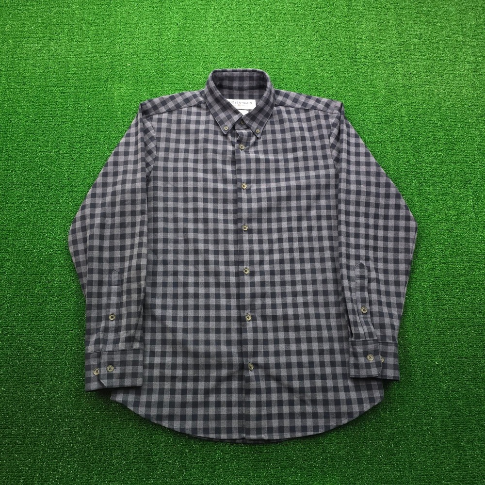 Mizzen Main City Flannel Shirt Mens Small Blue Gray Plaid Gingham Trim Fit